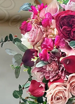 Teardrop Bridal Silk Bouquet, Cerise Pink, White, Ivory with Wild Roses, Peonies image 4