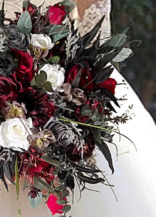 Silk Rose, bamboo leaf Bride Bouquet Wedding Flowers in black, red, grey, Ivory image 2