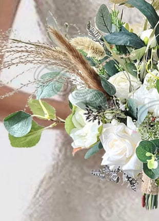 Rose, pampas Spray Bridal Bouquet in Ivory Artificial Wedding Flowers image 3