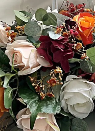 Scottish Table Arrangement with rustic roses, burnt orange, burgundy, cream Beaux Faux Flowers Shop