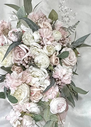 Cascading white pink silk flower Bridal Bouquet close up