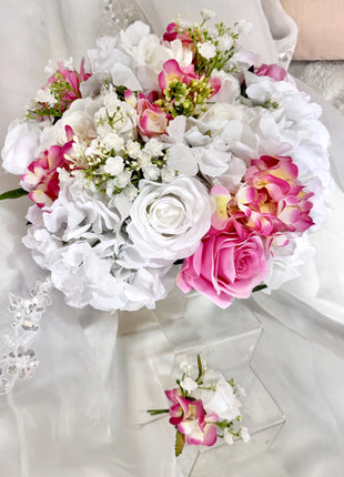 Ready to Send White, Cerise Artificial bridal bouquet | Rose and hydrangea image 7