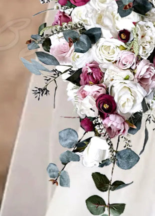 Cascading silk rose Bridal Bouquet, Artificial Flowers in Burgundy, Blush, Ivory image 4