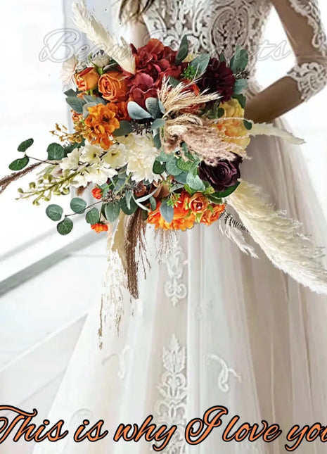 Ivory, burnt orange, burgundy Pampas Spray Bouquet, Round Loose Bridal Bouquet Artificial flowers Beaux Faux Flowers Shop
