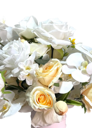 Silk Floral Arrangement in lemon yellow rose, orchid and tulips |Lemon drop Way home decor Beaux Faux Flowers Shop