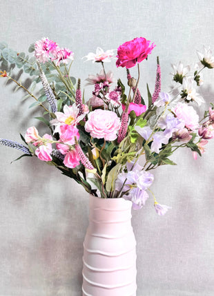 Silk delicate Floral vase Arrangement in cerise, peach, pale blue, lilac and White with garden, chrysanthemum, astilbe,Veronica dahlia sweet pea-Garden Views Beaux Faux Flowers Shop