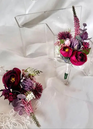 Artificial Silk Wedding loose round Bridal Flowers plum, burgundy with roses, thistles and eucalyptus Beaux Faux Flowers Shop