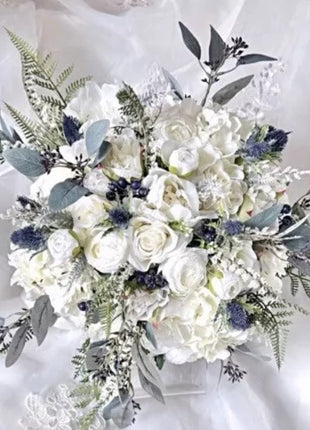THIS MAGIC MOMENT Scottish Spray brides bouquet in ivory white with roses and thistles