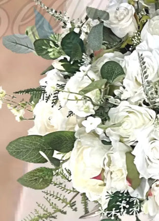 Artificial Roses, Peonies in White Ivory Round Spray Bridal Bouquet Wedding Fl image 4