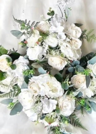 Artificial Roses, Peonies in White Ivory Round Spray Bridal Bouquet Wedding image 8