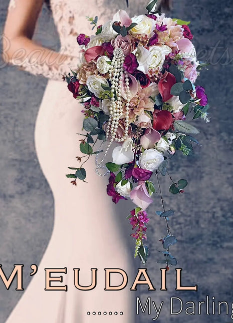 Bridal Cascade Bouquet, Artificial Wedding Flowers  in cerise ,blush pink, ivory image 0