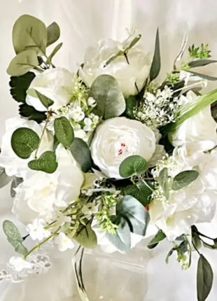 Artificial Rose, Peony in White, Ivory Round Spray silk Bridal Bouquet image 3