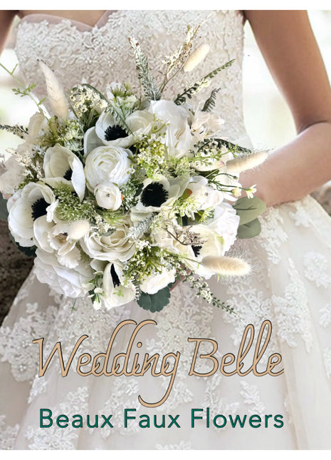 Silk Anemone, Roses in Cream White Ivory Round Spray Bridal Bouquet Wedding Fl image 0