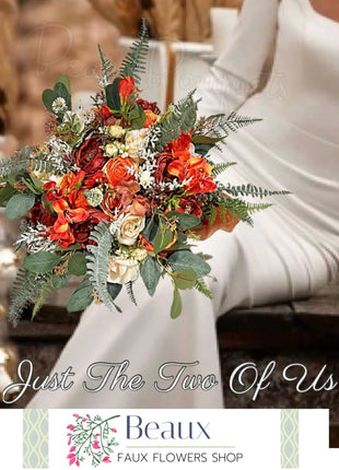 Artificial Wedding Flowers in Orange, Plum, Ivory Teardrop Bridal Bouquet image 0