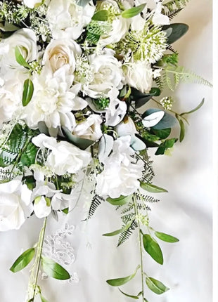 Artificial Wedding Flowers  Rose, peony in White Ivory Cascading Bridal Bouquet image 6