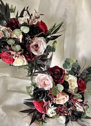 Silk Rose, black ruscus leaf Bride Bouquet Wedding Flowers in black, pink, Ivory image 3