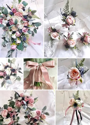 Collage of various floral arrangements and accessories on a white background