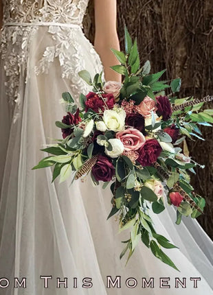 Silk Bridal Wedding Cascade Bouquet in Dusty Pink, Burgundy Pheasant Feathers image 0
