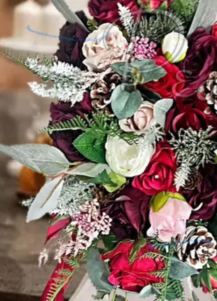 Artificial Wedding Flowers in Burgundy Red Cascading wintry Bridal Bouquet image 2