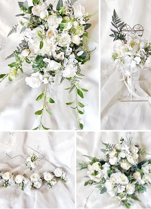 Artificial Wedding Flowers  Rose, peony in White Ivory Cascading Bridal Bouquet image 11