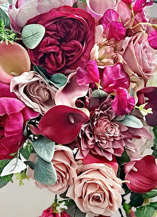 Teardrop Bridal Silk Bouquet, Cerise Pink, White, Ivory with Wild Roses, Peonies image 2