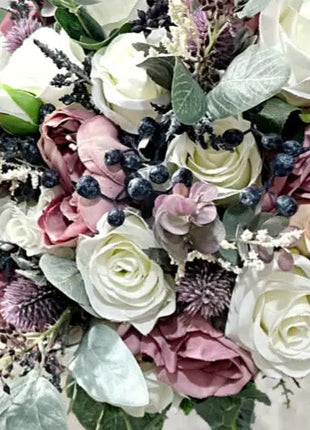Silk Wedding Flowers in navy, ivory,, Mauve Rose, Thistle Bridal Round Bouquet image 3