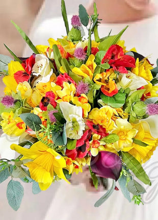Silk daffodil, poppy  bouquet yellow, red, cerise, Ivory round  Bridal flowers image 7