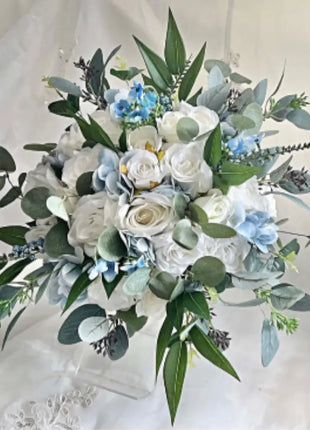 Artificial Wedding peony Flowers Bridal Bouquet in White, Ivory, Blue image 7