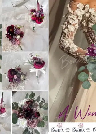 Artificial Silk Wedding loose round Bridal Flowers plum, burgundy with roses, thistles and eucalyptus Beaux Faux Flowers Shop