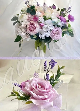 Bouquet of flowers with a pink rose and green leaves on a white background