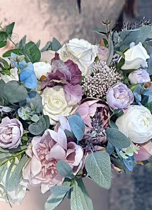 Silk Roses, dahlia, Peony bouquet -llac, pink, mauve, Ivory oval Bridal flowers image 9