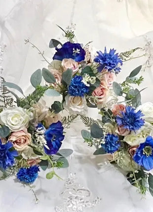 Floral arch with blue and pink flowers on a white background