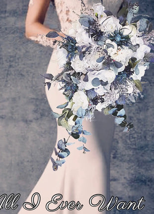 Silk Cascade Bridal Bouquet Roses, Peony in  Blue,  navy, Ivory image 0