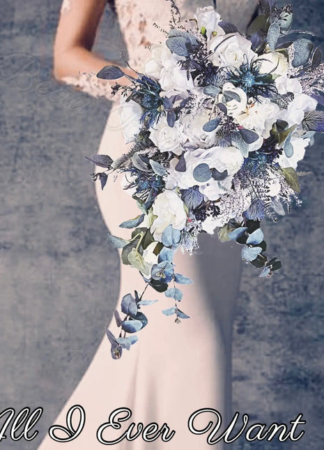Silk Cascade Bridal Bouquet Roses, Peony in  Blue,  navy, Ivory image 0
