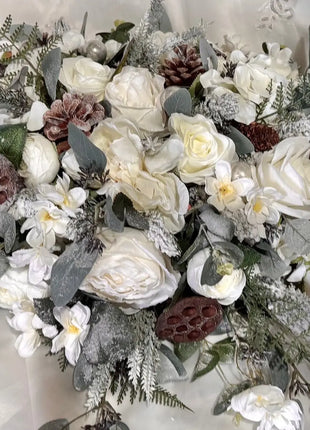 Winter, Christmas Festive table Arrangement  Cream Rose, Spruce, Fir Cones image 4