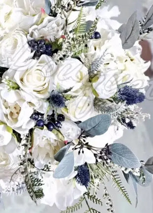 Scottish Bridal bouquet in white, Ivory,  blue with Thistle peony, roses 5pc image 2