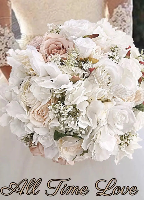 Bridal bouquet in white, Ivory, blush pink with peony, hydrangea, roses 13pc image 1