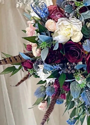 Wedding Flowers Pheasant Feather, Blue, Burgundy with rose Bridal Bouquet image 2