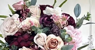 Silk Plum purple Rose, hydrangea Cascading Bridal Bouquet Wedding Flowers with Burgundy and Ivory Beaux Faux Flowers Shop