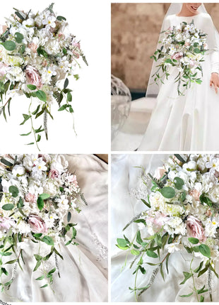 Cascading white silk flower Bridal Bouquet Held by bride