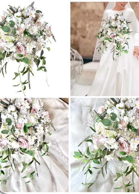 Cascading white silk flower Bridal Bouquet Held by bride