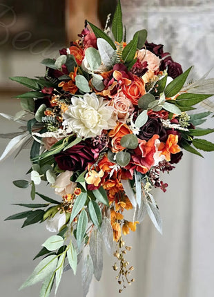 Artificial Wedding Flowers: Orange, Plum & Ivory Teardrop Bridal Bouquet with Ca image 5
