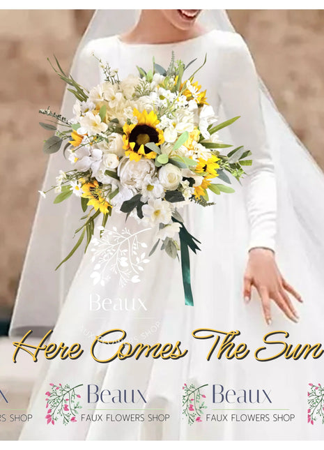 sunflower Artificial  Silk bouquet  - Ivory yellow round  Bridal flowers image 0