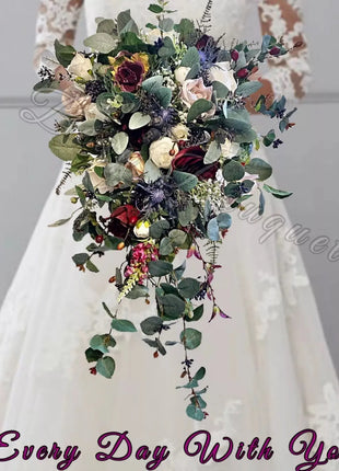 Silk Scottish thistle, rose bridal flowers  in Blue , Burgundy Blush Roses image 0