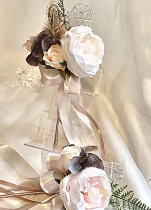 Scottish bridal bouquet with roses pheasant feather blush pink, grey, Ivory image 6
