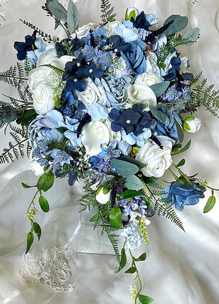 Silk Cascade  Bridal Bouquet Roses, Peony inBlue,  navy, Ivory image 6