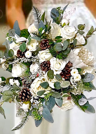 Wintry, Christmas bride bouquet in white, Ivory, cream with fir cones 10pc image 10