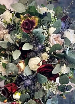 Silk Scottish thistle, rose bridal flowers  in Blue , Burgundy Blush Roses image 7