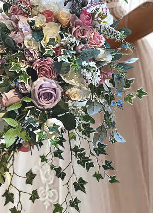 Silk Rose with trailing ivy bouquet -lilac, pink, Ivory Teardrop Bridal Bouquet image 2