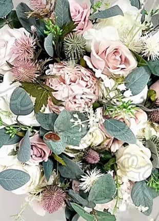 Scottish silk thistle bridal bouquet in mauve pink, ivory rose package 18pc image 2